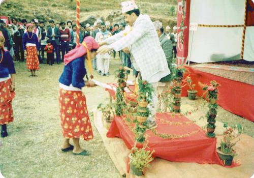 Member Secretary of the National Sports Council Sharad Chandra Shaha awarding certificates to the winning Dohari Geet Competition of the 1st Inter-city Games, Hetauda