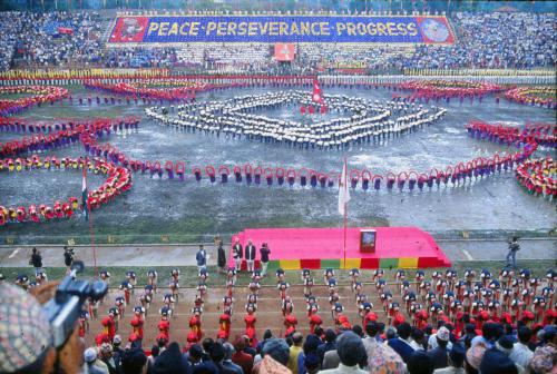 A panoramic view and the mass calisthenic display of the Opening Ceremony of the 1st South Asia Federation Games, Dashrath Rangashala, Sep 17, 1984