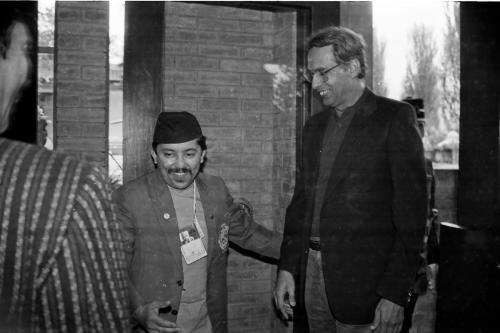 President of Nepal Olympic Committee Sharad Chandra Shaha (left) welcomes President of Indian Olympic Association, V. C. Shukla during the 1st South Asia Federation Games, Kathmandu, Nepal 1984