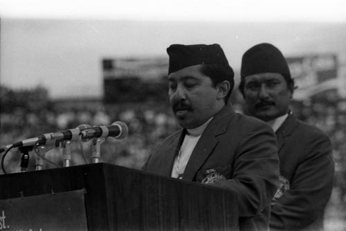 President of Nepal Olympic Committee Sharad Chandra Shaha delivers the welcome address during the 1st South Asia Games, Kathmandu, Nepal