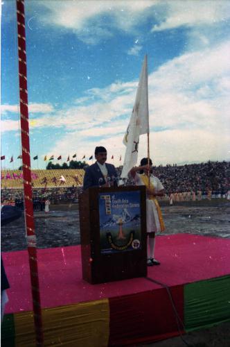 Captain of Nepali Football Team Rupak Sharma taking the official oath during the 1st South Asia Federation Games, Dashrath Rangashala, Kathmandu