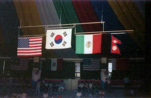 Flags raising of the winning countries medal ceremony of taekwondo event during the 24th Summer Olympics, Seoul, South Korea, 1988