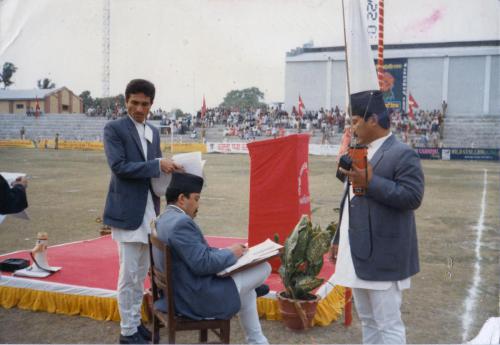Member Secretary National Sports Council Sharad Chandra Shaha (seated) with NSC Treasurer Bishnu Gopal Shrestha (right) and Chief of NSC information department Gopal Basnet (left) in preparation for the opening of 2nd Inter-city Games 2042, Pokhara