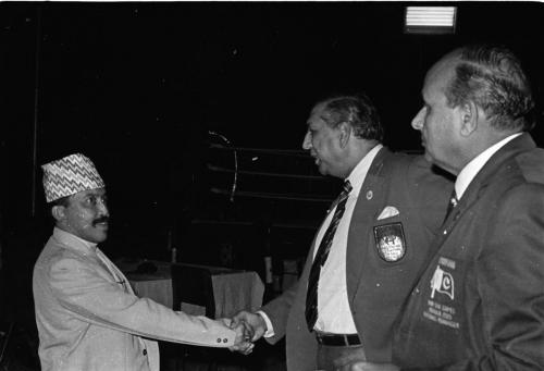 President of Nepal Olympic Committee Sharad Chandra Shaha (left) meets and greets the President of AIBA Anwar Chaudhary during 2nd South Asia Federation Games, Bangladesh