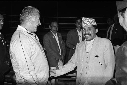 President of Nepal Olympic Committee Sharad Chandra Shaha (right) with dignitaries during the 2nd South Asia Federation Games, Bangladesh