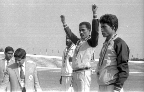 Nepal's ace marathon runner Baikuntha Manandhar (centre) wins back-to-back marathon gold medal for Nepal during the 2nd South Asia Federation Games, Bangladesh
