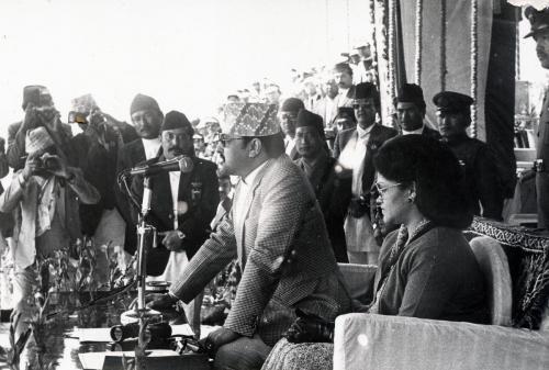 HM King Birendra officially declares open the 3rd National Games, Birgunj 2042. Seen during the occasion is HM Queen Aishwarya (right) and Member Secretary of National Sports Council Sharad Chandra Shaha