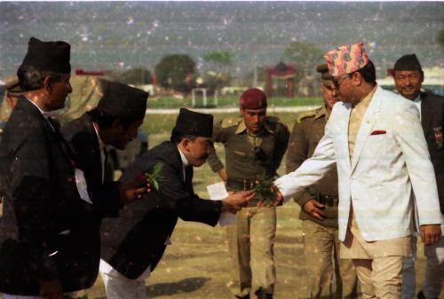 Patron of the National Sports Council HRH Prince Dhirendra (right) welcomed by Member Secretary of the National Sports Council Sharad Chandra Shaha (left) and National Sports Council Treasurer Bishnu Gopal Shrestha during the Patron's visit to 3rd National Games, Birgunj