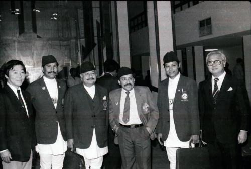 President of Nepal Olympic Committee Sharad Chandra Shaha (centre) with Kamal Thapa (2nd from left), Gen. Rabi SJB Rana (3rd from left) and Tikaram Shahi (2nd from right) during the Delhi Asian Games