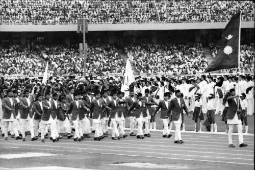 Chef-de-mission Kamal Thapa leads the Nepal Contingent at the opening Ceremony of the 9th Asian Games, New Delhi, India 1982