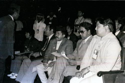 Patron of the National Sports Council HRH Prince Dhirendra (centre), Former President of Nepal Olympic Committee Kumar Khadga Bikram Shah (right) and the President of Nepal Olympic Committee Sharad Chandra Shaha at 9th Asian Games, New Delhi