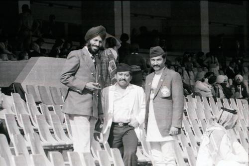 President of Nepal Olympic Committee Sharad Chandra Shaha (centre) with India's ace sprinter Milka Singh (left) and chef-de-mission of Nepal contingent Kamal Thapa (right) during 9th Asian Games, New Delhi