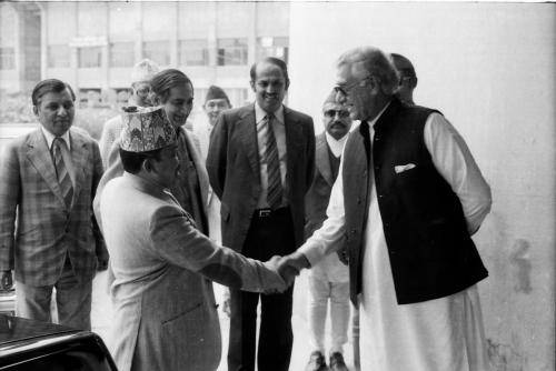 Member Secretary of the National Sports Council Sharad Chandra Shaha (left) receiving Pakistani Dignitary upon his arrival in Kathmandu, Nepal (April 17, 1983)