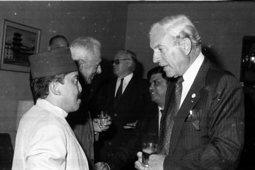 President of Nepal Olympic Committee Sharad Chandra Shaha (left) and the visiting IOC Member Maurice Herzog during his visit to Nepal