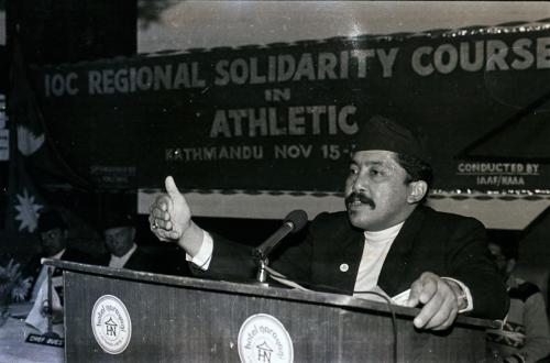 President of Nepal Olympic Committee Sharad Chandra Shaha delivers his address during the IOC Regional Solidarity Course (Athletic) held in Kathmandu