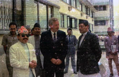 President of Nepal Olympic Committee Sharad Chandra Shaha (left) with the visiting member (centre) of the IOC Sports Leadership Course in Kathmandu