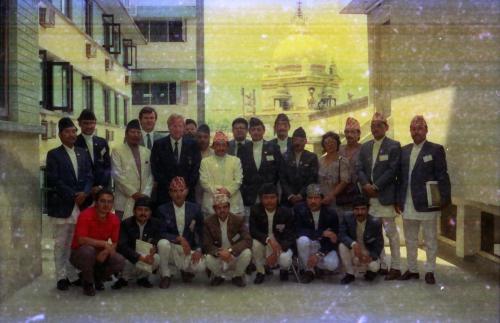 President of Nepal Olympic Committee Sharad Chandra Shaha (centre - white outfit) with the visiting members of the IOC Sports Leadership Course along with Nepali Sports dignitaries, Kathmandu