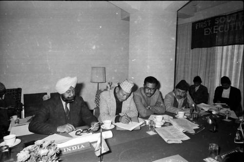 Member Secretary of National Sports Council & President of Nepal Olympic Committee, Sharad Chandra Shaha (right) along with NOC Secretary General Anoop SJB Rana, NSC Member Dwarika Ram Bhagat Mathema and President of Indian Olympic Committee Raja Bhalendra Singh (left) during the First South Asia Sports Federation Executive Committee Meeting held in Kathmandu, Nepal Feb 10 - 11, 1983